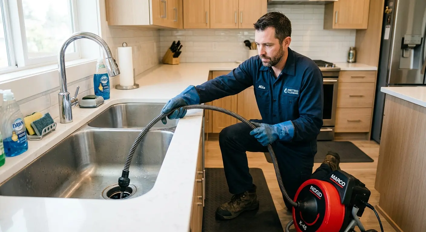 Drain cleaning technician using a motorized snake on a kitchen sink in Lovejoy