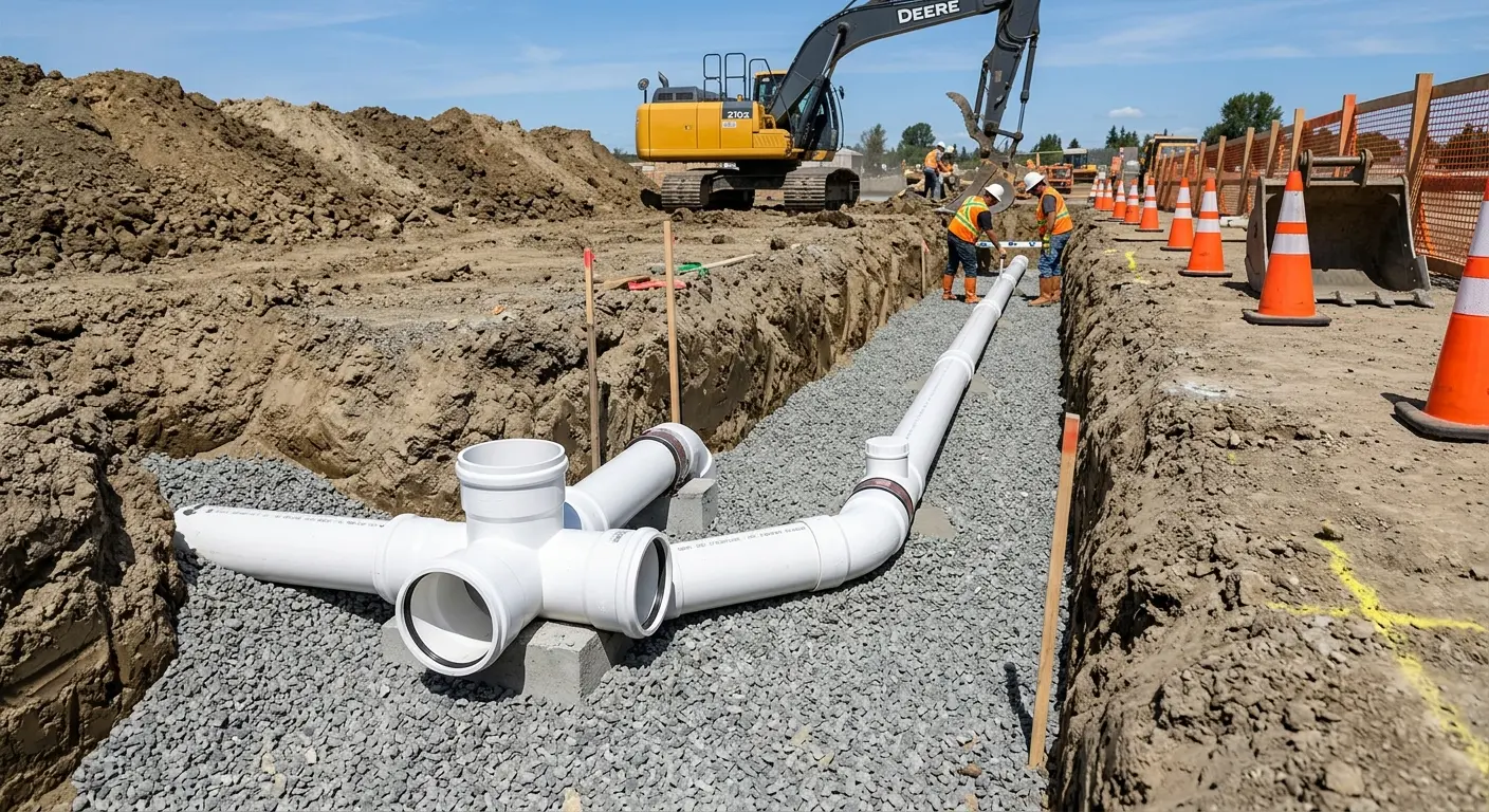 New PVC sewer pipe installation in open trench for Commercial Drain Cleaning in Lovejoy