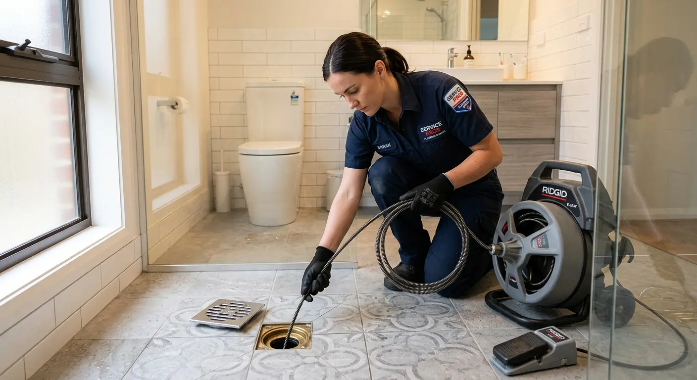Technician clearing a bathroom floor drain for Drain Cleaning in Lovejoy